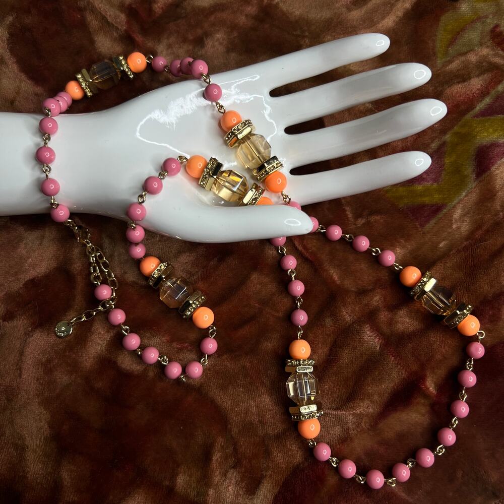 Talbots Pink Coral Bead Necklace with Smoky Glass Opera Length Gold Rhinestone